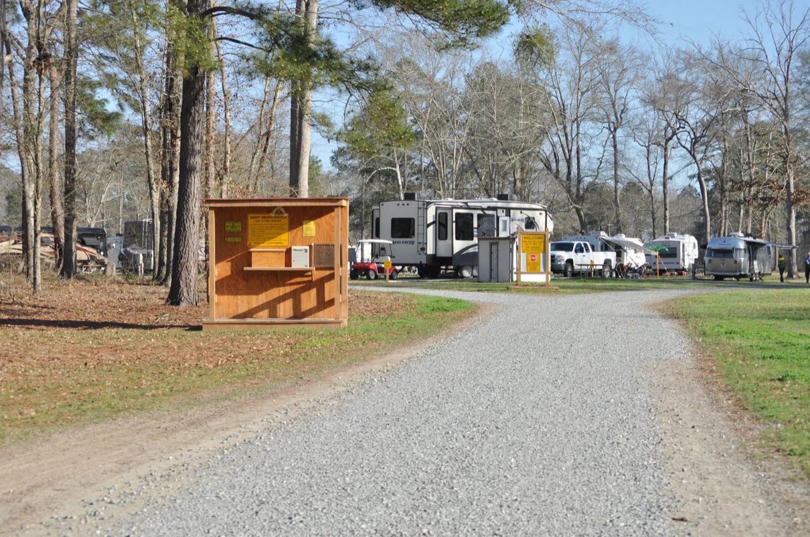 Pull-through gravel roads winding past RV sites through the trees.